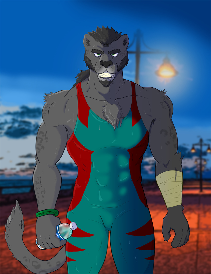 2016 andy_(disambiguation) anthro armpit_hair athlete biceps black_hair body_hair chest_tuft clothing facial_hair felid fur goatee grey_body grey_fur hair hi_res inner_ear_fluff jabuhusky jaguar male mammal melanistic merida mexico muscular muscular_anthro muscular_male night pantherine sideburns simple_background solo spandex tight_clothing tuft