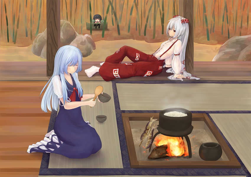 3girls against_pillar amu_(takuya0331) armband artistic_error bad_feet bad_id bad_pixiv_id bamboo bamboo_forest black_hair blue_dress blue_hair blush bow closed_eyes collared_shirt cooking cooking_pot dress fire fish fish_(food) forest fujiwara_no_mokou gradient_hair grilled_fish hairbow hiding highres hime_cut houraisan_kaguya indoors irori_(hearth) kamishirasawa_keine kneeling leaning_back long_hair long_sleeves looking_afar looking_at_another lying multicolored_hair multiple_girls nature no_headwear open_mouth pants pot red_pants rice rock shamoji shirt sleeveless sleeveless_dress smile socks spoon steam suspenders tatami touhou very_long_hair white_hair white_shirt wristband