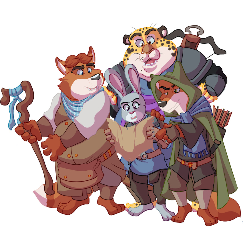 alandcapon anthro armor arrow_(disambiguation) belt benjamin_clawhauser bow_(weapon) canid canine cheetah cloak clothing crossbow digital_media_(artwork) disney dungeons_and_dragons duo felid feline female fox fur gideon_grey hasbro hi_res holding_object holding_weapon judy_hopps lagomorph larp leporid male mammal map medieval melee_weapon nick_wilde pink_nose rabbit ranged_weapon staff sword toony weapon wizards_of_the_coast zootopia