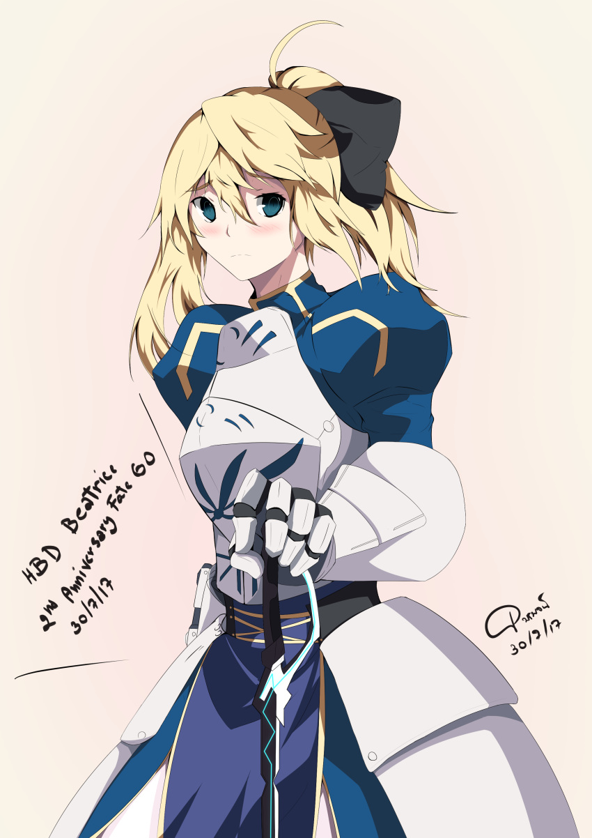 absurdres armor armored_dress artoria_pendragon_(fate) beatrice_waltrud_von_kircheisen blonde_hair breasts commentary_request cosplay dated dies_irae fate/stay_night fate_(series) female gauntlets green_eyes highres medium_breasts pornpojbeatrice saber_(fate) saber_(fate)_(cosplay) shinza_bansho_series solo weapon