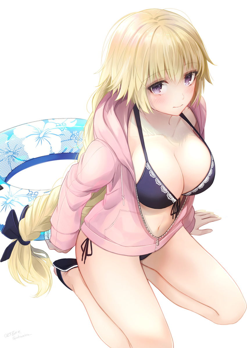 absurdres bikini bikini_under_clothes blonde_hair blue_bikini blush bow braid breasts cleavage collarbone enty_reward fate/apocrypha fate/grand_order fate_(series) female floral_print hairbow hibiscus_print highres hinoshita_akame hood hoodie innertube jacket jeanne_d'arc_(fate) jeanne_d'arc_(white_cruising)_(fate) large_breasts legs long_hair looking_at_viewer looking_up navel open_clothes open_jacket paid_reward pink_jacket purple_eyes sandals seiza side-tie_bikini_bottom simple_background sitting smile solo swim_ring swimsuit thighs white_background