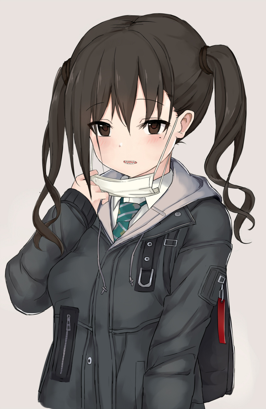 backpack bag black_hair black_jacket blush collared_shirt commentary_request drawstring female green_necktie grey_background guanhian highres hood hood_down hooded_jacket idolmaster idolmaster_cinderella_girls jacket long_hair looking_at_viewer mask mask_pull mole mole_under_eye mouth_mask necktie open_mouth pulling_own_clothes sharp_teeth shirt simple_background solo sunazuka_akira surgical_mask teeth twintails upper_body wing_collar zipper zipper_pull_tab