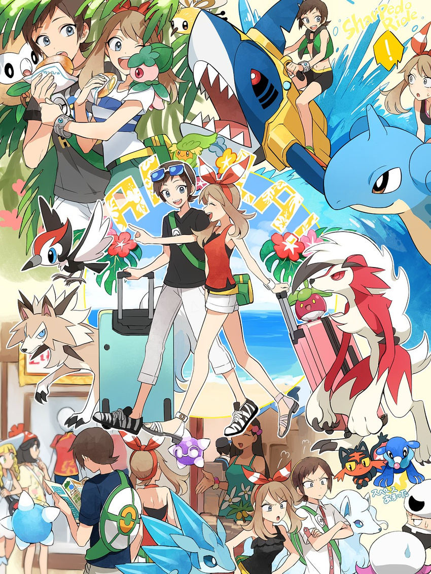 ! 2boys 5girls :d ;d ^_^ alolan_sandslash alolan_vulpix alternate_costume apron bad_id bad_twitter_id bag bandana beanie bike_shorts blouse blue_eyes bounsweet bow_hairband brendan_(pokemon) brown_hair closed_eyes collared_shirt comfey crossed_arms cutiefly dark_skin eating eyewear_on_head flower fomantis food hair_ribbon hairband hat highres lapras lillie_(pokemon) litten lycanroc lycanroc_(midday) lycanroc_(midnight) malasada map may_(pokemon) minior minior_(blue_core) minior_(core) minior_(violet_core) multiple_boys multiple_girls on_shoulder one_eye_closed open_mouth pants pokemon pokemon_(creature) pokemon_on_shoulder pokemon_oras pokemon_sm popplio red_hairband red_ribbon ribbon riding riding_pokemon rowlet selene_(pokemon) sharpedo shirt shorts smile starly starter_pokemon_trio striped striped_ribbon sunglasses surfing sweatdrop tank_top team_skull team_skull_grunt thought_bubble walking water yukin_(es)