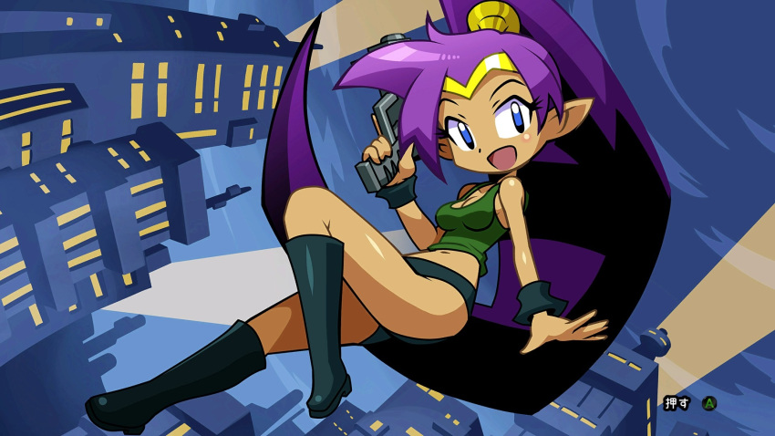 alternate_costume blue_eyes boots breasts building city cleavage dark_skin female gun highres midriff navel open_mouth patricia_wagon_(cosplay) pistol pointy_ears ponytail purple_hair shantae_(character) shantae_(series) short_shorts shorts sky smile solo tank_top wristband