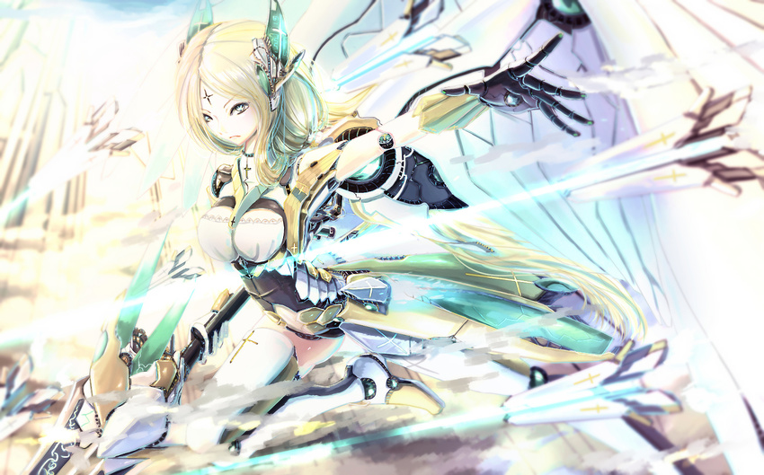 aqua_eyes armor blonde_hair closed_mouth female female frown gloves jewelry kikivi looking_at_viewer original solo