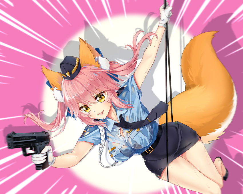 animal_ear_fluff animal_ears bad_id bad_pixiv_id black_bra blue_ribbon bra breasts cleavage fate/extella fate/extra fate_(series) female female_service_cap fox_ears fox_tail gloves gun hair_ribbon handgun hat highres jiushi_shijiu large_breasts necktie oerba_yun_fang official_alternate_costume open_mouth pink_hair police police_hat police_uniform policewoman ribbon see-through solo sweat tail tamamo_(fate) tamamo_no_mae_(fate/extra) tamamo_no_mae_(police_fox)_(fate) underwear uniform weapon white_gloves