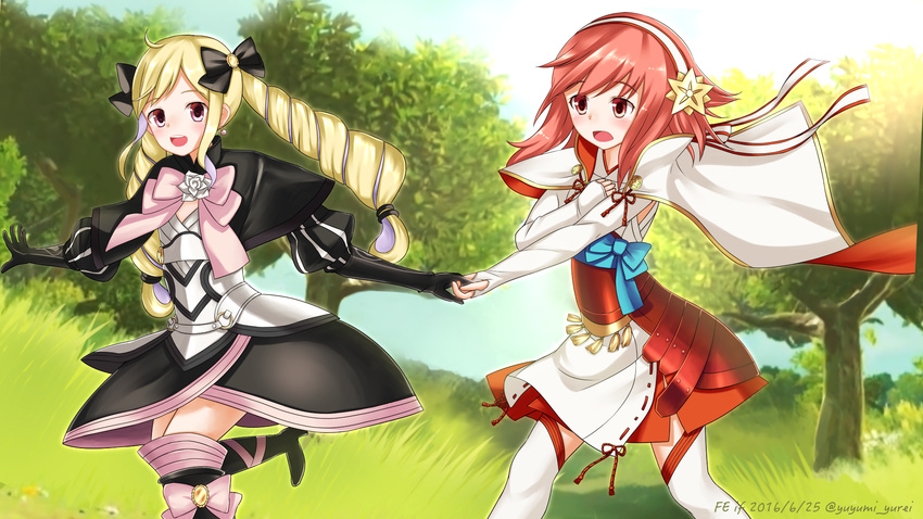 2girls blonde_hair boots commentary_request day dress drill_hair elise_(fire_emblem) fire_emblem fire_emblem_fates friends grass hairband highres holding_hands long_hair multiple_girls red_eyes red_hair ribbon sakura_(fire_emblem) sunlight thigh_boots thighhighs tree twin_drills twintails yuyumi_(yuurei) zettai_ryouiki