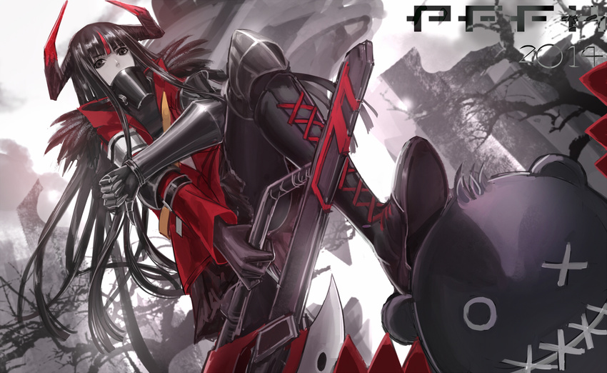 armor black_eyes black_hair boots horns long_hair pixiv_fantasia weapon zhouran