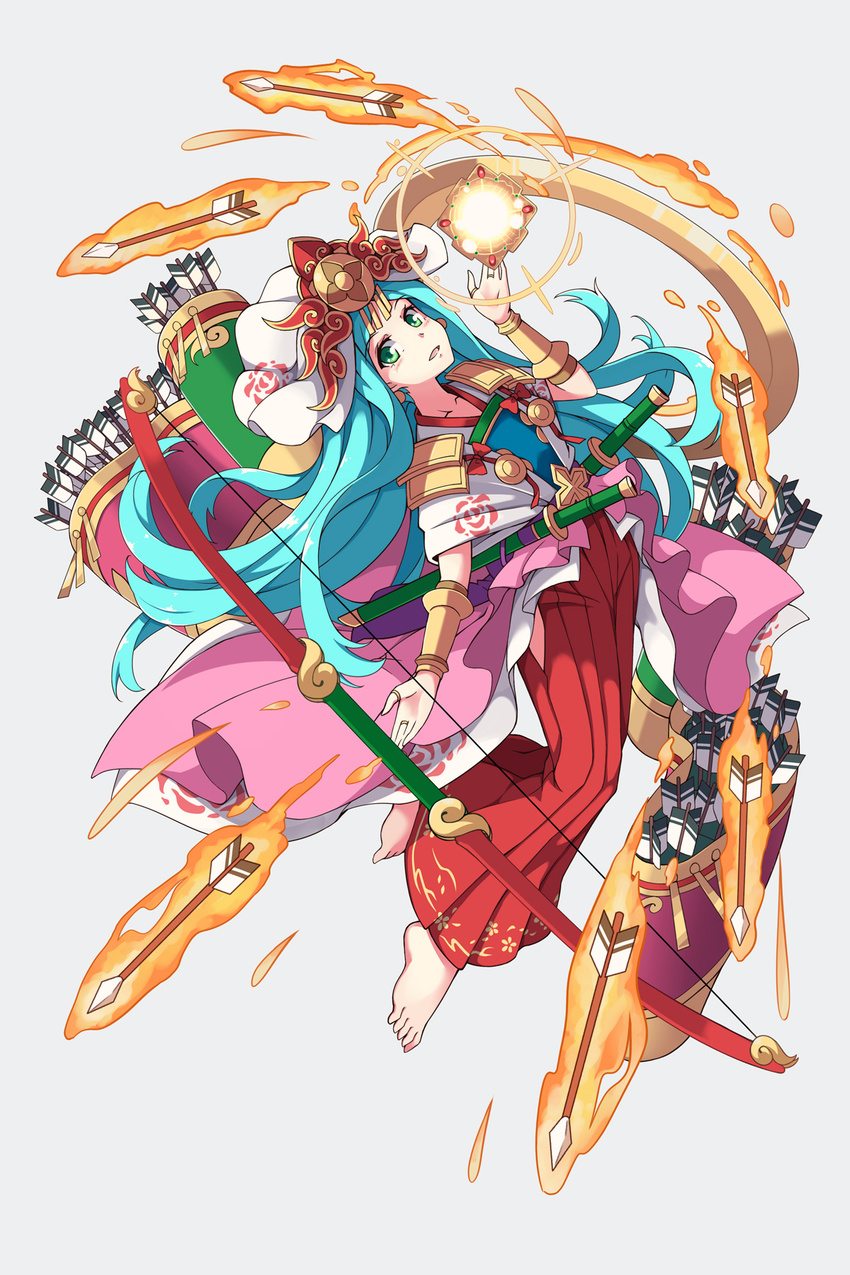 amaterasu_(p&d) aqua_hair armor arrow_(projectile) barefoot blush bow_(weapon) bracer collarbone commentary_request earrings female flan_(zhd91) green_eyes hakama hakama_skirt headdress highres japanese_armor japanese_clothes jewelry long_hair looking_at_viewer parted_lips photoshop_(medium) puzzle_&_dragons quiver red_hakama ring sheath sheathed shoulder_armor skirt sode solo sword thumb_ring very_long_hair weapon