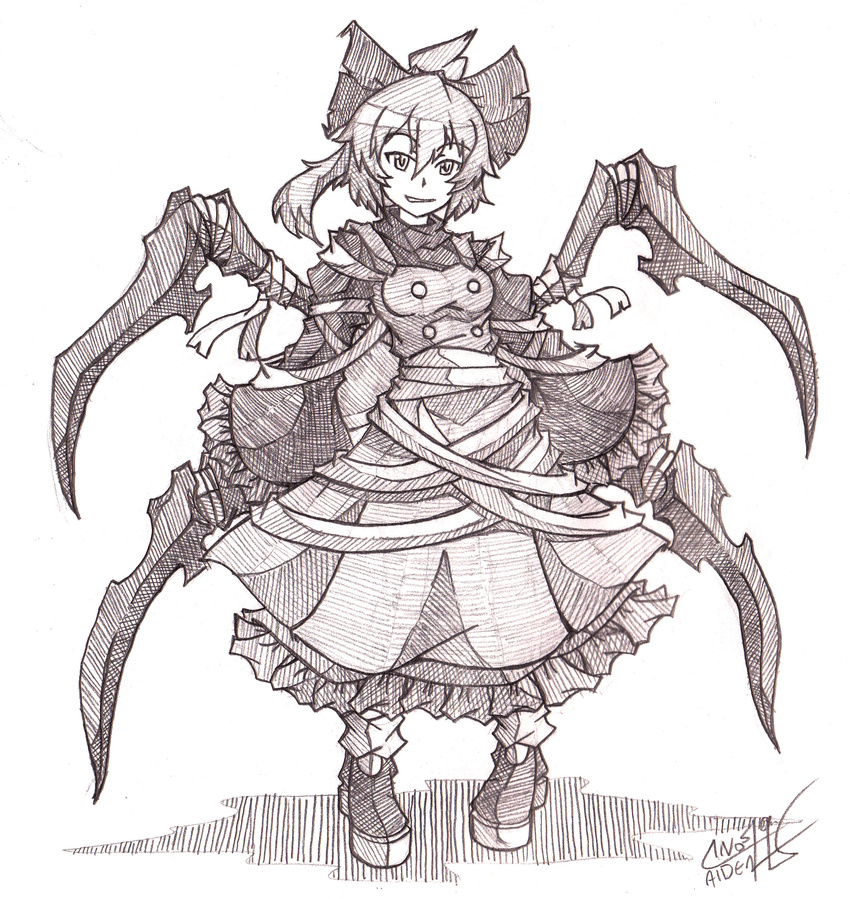 arthropod_girl arthropod_limbs bow commentary_request dress female frilled_dress frills hairbow highres kurodani_yamame monochrome photoshop_(medium) sogin spider_girl touhou