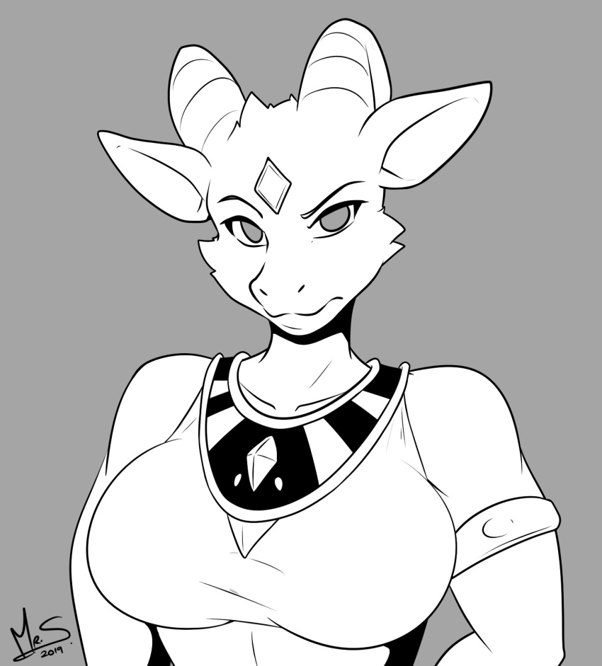 2019 anthro big_breasts breasts clothed clothing dragon female greyscale hi_res horn looking_at_viewer monochrome mrsakai mythological_creature mythological_scalie mythology scalie simple_background solo watermark