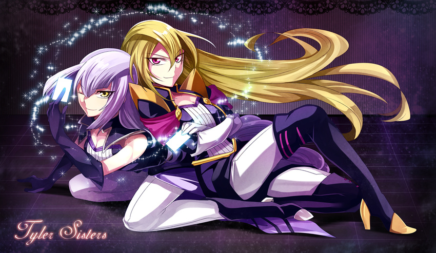 2girls bad_id bad_pixiv_id black_footwear black_legwear blonde_hair boots breasts card cleavage collarbone eirakko elbow_gloves gloria_tyler gloves grace_tyler long_hair looking_at_viewer lying medium_breasts multiple_girls one_eye_closed purple_hair red_eyes siblings sisters smile thigh_boots thighhighs twins yellow_eyes yu-gi-oh! yu-gi-oh!_arc-v