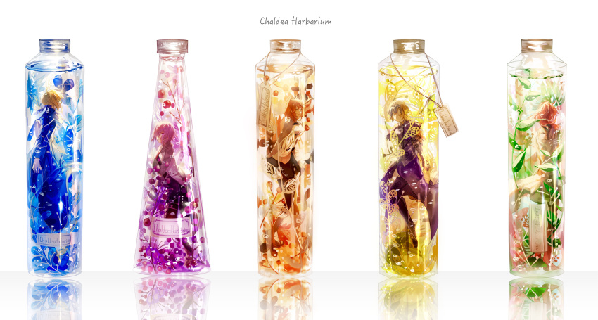 1boy 4girls absurdres artoria_pendragon_(fate) blonde_hair blue_jacket bottle braid cherry color_coordination commentary_request fate/grand_order fate_(series) food from_side fruit fujimaru_ritsuka_(female) glass glass_bottle glasses headgear highres in_bottle in_container jacket jeanne_d'arc_(fate) jeanne_d'arc_(ruler)_(fate) label light_purple_hair long_sleeves mash_kyrielight multiple_girls profile purple_jacket rainbow_order reflection romani_archaman saber_(fate) simple_background thighhighs tsugutoku white_background