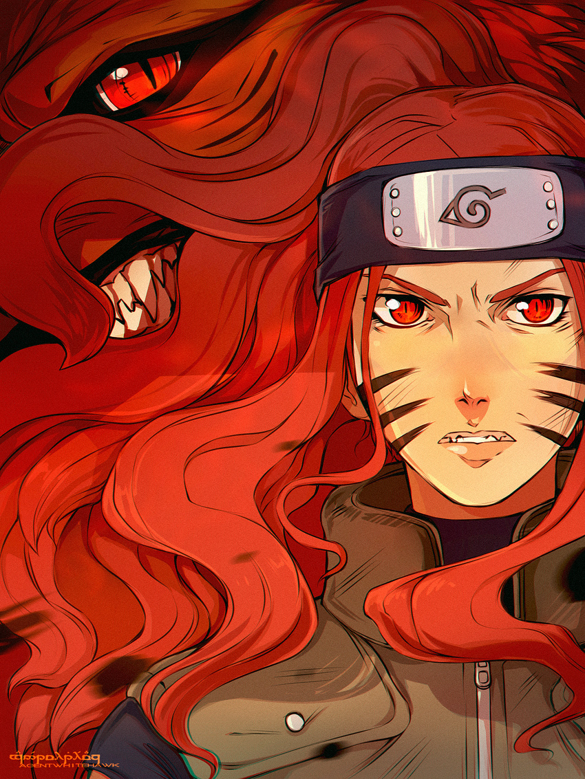 agentwhitehawk angry facial_mark fangs forehead_protector glowing glowing_eyes kurama_(naruto) looking_at_viewer monster naruto naruto_shippuuden red_eyes red_hair slit_pupils uzumaki_kushina whiskers zipper