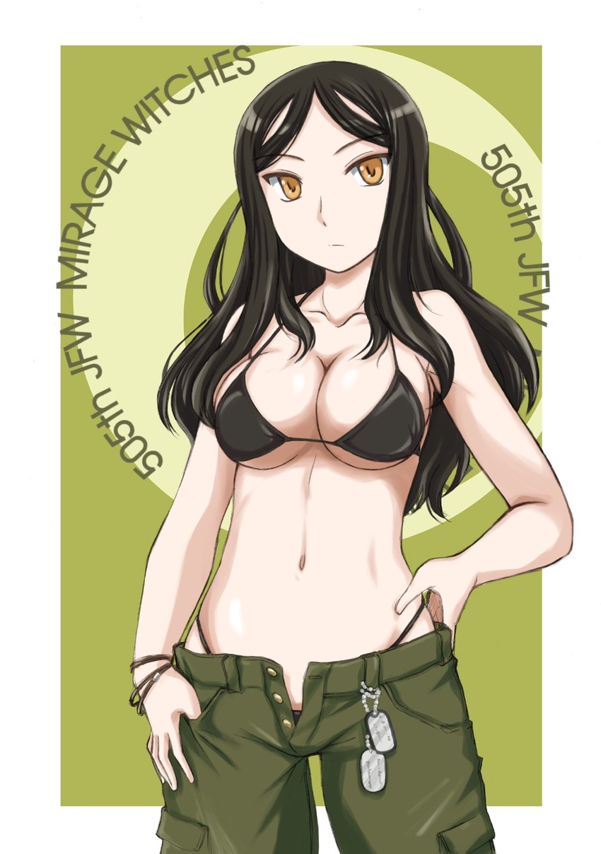 bikini black_bikini black_hair bracelet breasts cleavage closed_mouth collarbone commentary constantia_cantacuzino dog_tags english_text female green_background green_pants hand_on_own_hip highleg highleg_bikini highres jewelry light_frown long_hair looking_at_viewer medium_breasts navel open_fly outside_border pants solo standing string_bikini swept_bangs swimsuit wan'yan_aguda world_witches_series yellow_eyes