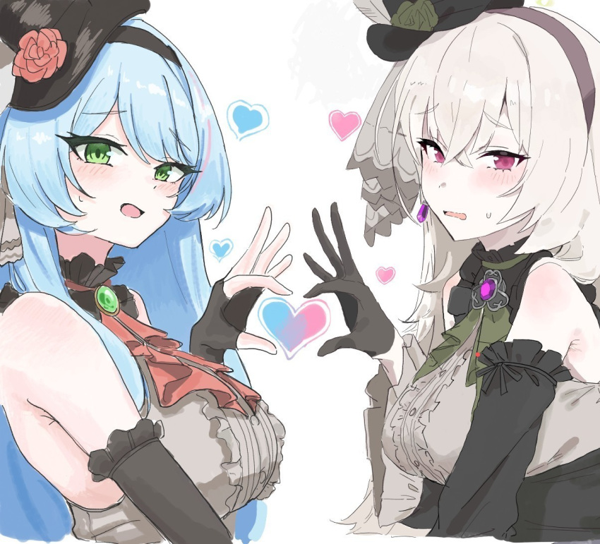 2girls ascot black_hat black_headband blue_archive crossed_bangs dress finger_heart flower flower_hat green_ascot green_flower green_rose grey_dress hat hat_flower headband idol idol_clothes mine_(blue_archive) mine_(idol)_(blue_archive) mini_hat mini_top_hat multiple_girls official_alternate_costume red_ascot rose saboten_drowpic sakurako_(blue_archive) sakurako_(idol)_(blue_archive) top_hat