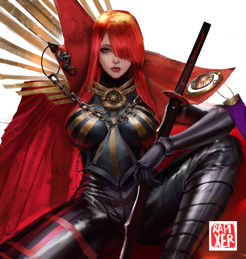 artist_name black_bodysuit bodysuit breasts cape chains collared_cape crest english_commentary family_crest fate/grand_order fate_(series) female hair_over_one_eye highres long_hair medallion oda_nobunaga_(fate) oda_nobunaga_(maou_avenger)_(fate) oda_uri rapixer red_cape red_eyes red_hair simple_background solo sword weapon white_background