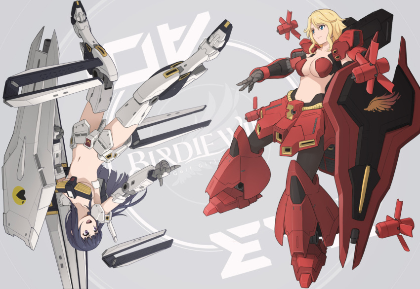 2girls amawashi_aoi armor birdie_wing:_golf_girls'_story black_hair blonde_hair blue_eyes breasts char's_counterattack cleavage collarbone commentary_request company_connection copyright_name cosplay eve_(birdie_wing) fin_funnels finger_gun funnels_(gundam) grey_background gundam hime_cut laofuzi_dai_bansho large_breasts long_hair mecha_musume medium_breasts midriff multiple_girls navel nu_gundam nu_gundam_(cosplay) purple_eyes revision sazabi sazabi_(cosplay) shield sidelocks straight_hair sunrise_(company) underboob upside-down wavy_hair