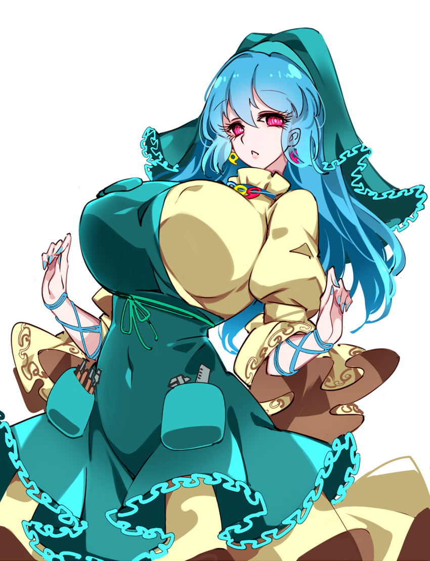 apron arm_ribbon blue_hair blue_nails breasts covered_navel cowboy_shot dress earrings eyelashes female fingernails green_apron green_head_scarf hair_between_eyes hands_up haniyasushin_keiki headscarf highres jewelry large_breasts long_fingernails long_hair looking_at_viewer magatama magatama_earrings magatama_necklace nail_polish necklace open_mouth pink_eyes pocket puffy_short_sleeves puffy_sleeves raptor7 ribbon short_sleeves simple_background solo standing tools touhou white_background wood_carving_tool yellow_dress