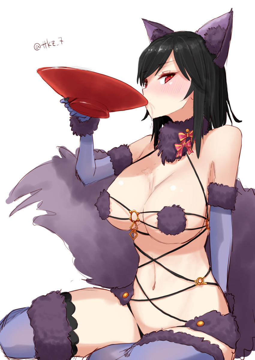 animal_ears black_hair breasts cosplay cup fate/grand_order fate_(series) female fur-trimmed_gloves fur-trimmed_legwear fur_bikini fur_collar fur_trim gloves highres holding holding_cup kantai_collection large_breasts mash_kyrielight mash_kyrielight_(cosplay) mash_kyrielight_(dangerous_beast) mash_kyrielight_(dangerous_beast)_(cosplay) o-ring o-ring_top purple_gloves purple_tail purple_thighhighs red_eyes revealing_clothes sakazuki saucer short_hair simple_background solo tail tetsukuzu_(yajirushi_shita) thighhighs white_background wolf_ears wolf_tail yamashiro_(kancolle)