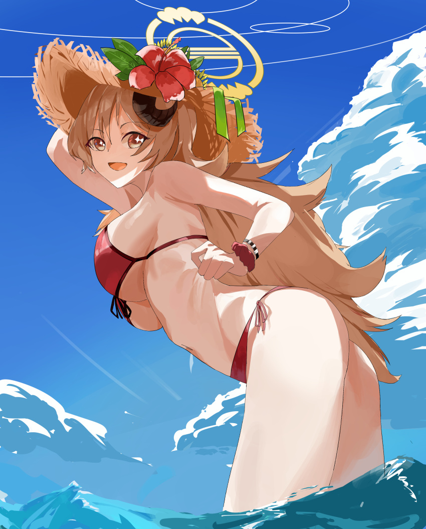 absurdres bekusi3250 bikini black_horns blue_archive breasts curled_horns demon_horns female flower from_side front-tie_bikini_top front-tie_top halo hand_on_headwear hand_up hat hat_flower highres horns izumi_(blue_archive) izumi_(swimsuit)_(blue_archive) long_hair looking_at_viewer official_alternate_costume partially_submerged red_bikini scrunchie side-tie_bikini_bottom solo straw_hat swimsuit wrist_scrunchie yellow_halo