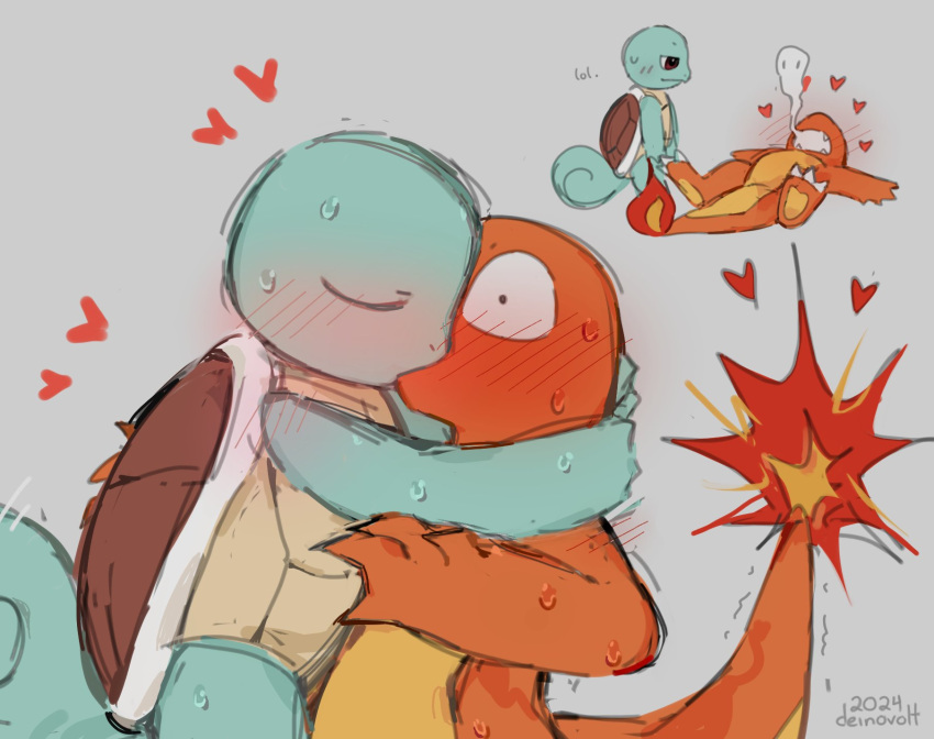 2024 anthro biped blue_body blue_scales blue_tail blush blush_lines bodily_fluids charmander charmander_(starter_squad) claws colored deinovolt duo embarrassed english_description fire flaming_tail generation_1_pokemon giving_up_the_ghost heart_symbol hi_res hug kiss_on_lips kissing lizard looking_down_at_partner love lying male male/male multicolored_body multicolored_scales nintendo on_back orange_body orange_scales orange_tail pokemon pokemon_(species) reptile scales scalie shaded shadow shell signature squirtle squirtle_(starter_squad) starter_squad surprise sweat sweatdrop tail toe_claws turtle turtle_shell two_tone_body two_tone_scales two_tone_tail white_claws wide_eyed yellow_body yellow_scales yellow_tail