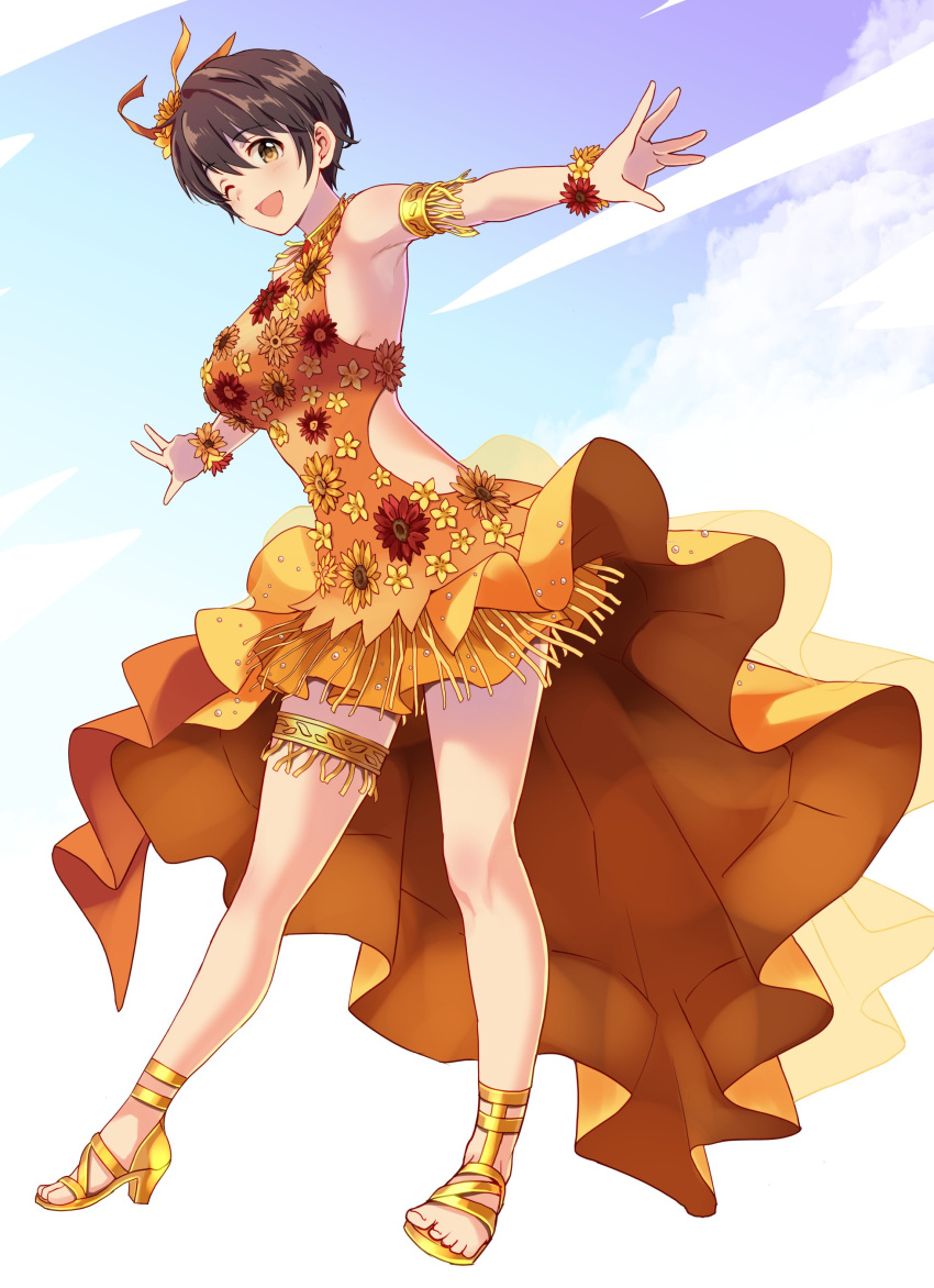 absurdres arm_garter bare_shoulders blush breasts brown_eyes brown_hair clothing_cutout cloud commission dot_nose dress female flower full_body gold_footwear gradient_sky hair_flower hair_ornament halterneck high_heels highres idolmaster idolmaster_cinderella_girls idolmaster_cinderella_girls_starlight_stage large_breasts looking_at_viewer miniskirt oikawa_shizuku one_eye_closed open_hand open_mouth orange_dress orange_overskirt outstretched_arms red_flower short_hair side_cutout skeb_commission skirt sky sleeveless sleeveless_dress smile solo standing thigh_strap wrist_flower yellow_flower youhei_(testament)