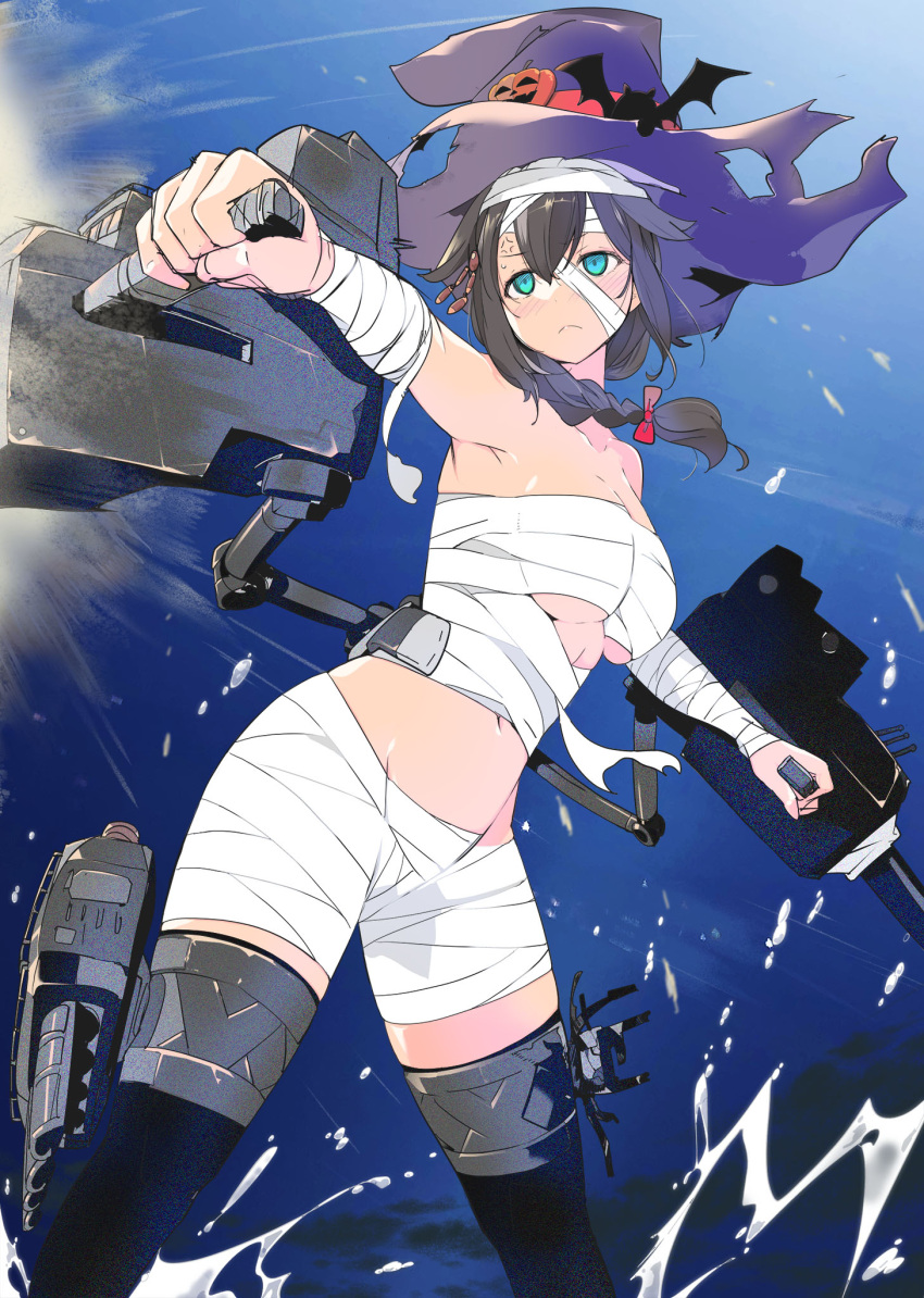 adapted_turret alternate_costume bat_(animal) black_hair black_thighhighs blue_eyes braid breasts commentary_request feet_out_of_frame female halloween_costume hat highres kantai_collection long_hair medium_breasts mummy_costume shigure_(kancolle) shigure_kai_san_(kancolle) single_braid solo thighhighs torn_clothes torn_hat witch_hat yoshinaga_yunosuke