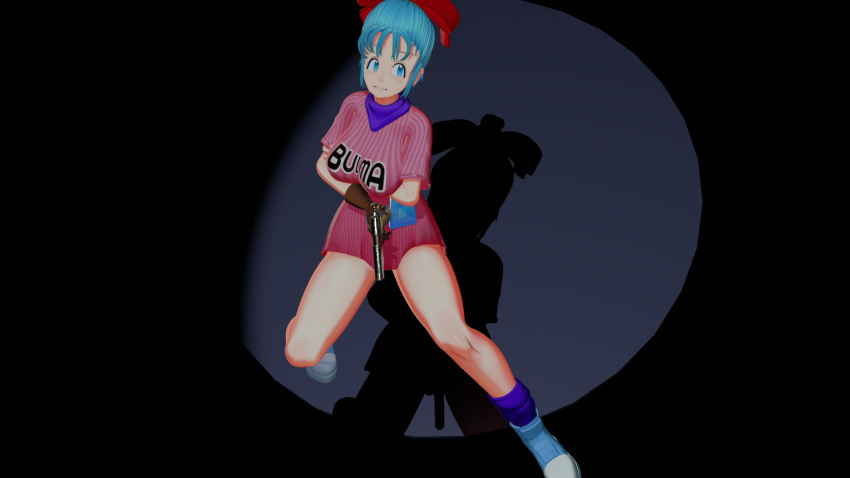 3d blue_hair breasts bulma_briefs female gun highres holding holding_gun holding_weapon large_breasts parasite_in_city solo weapon