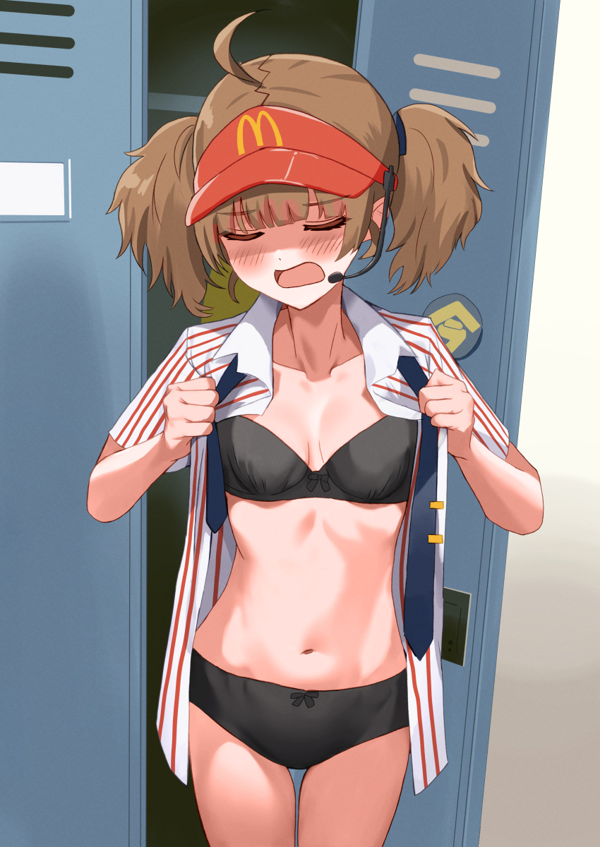 absurdres ahoge black_bow black_bra black_necktie black_panties blunt_bangs blush bow bow_bra bow_panties bra breasts brown_hair closed_eyes collarbone double_cheese_(mcdonald's) dressing female headset highres indoors kinomiki locker mcdonald's medium_breasts navel necktie open_mouth panties shirt solo standing stomach striped_clothes striped_shirt twintails underwear visor_cap