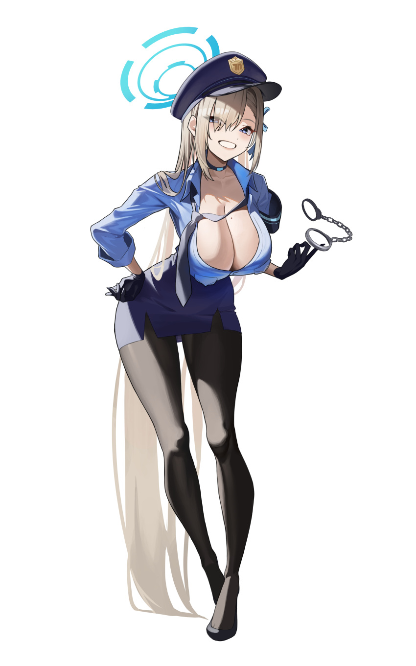 absurdres alternate_costume asuna_(blue_archive) black_footwear black_gloves black_necktie black_pantyhose blue_archive blue_eyes blue_hat blue_shirt blue_skirt blush breasts commentary_request cuffs female full_body gloves grin hair_over_one_eye halo handcuffs hat high_heels highres holding holding_handcuffs large_breasts long_hair looking_at_viewer mole mole_on_breast necktie ojisan_kamo_shiremasen pantyhose pencil_skirt police police_hat police_uniform policewoman shirt simple_background skirt smile solo white_background