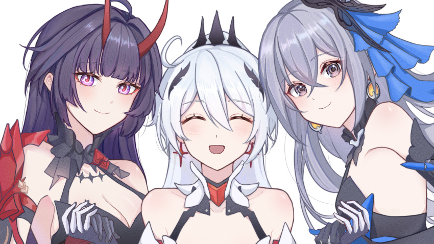 3girls ahoge bare_shoulders breasts bronya_zaychik bronya_zaychik_(herrscher_of_reason) cleavage closed_eyes cross cross_earrings earrings green_eyes grey_hair highres holding_hands honkai_(series) honkai_impact_3rd horns jewelry kiana_kaslana kiana_kaslana_(herrscher_of_flamescion) multiple_girls purple_eyes purple_hair raiden_mei raiden_mei_(herrscher_of_thunder) red_horns rinnaikawa smile upper_body white_hair