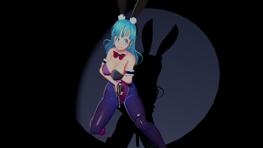 3d animal_ears bad_source blue_hair bow bowtie bulma_briefs female gun highres holding holding_gun holding_weapon parasite_in_city playboy_bunny rabbit_ears solo weapon