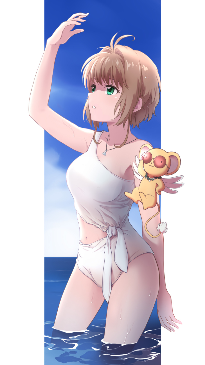 aged_up alternate_breast_size antenna_hair arm_up blue_sky brown_hair cardcaptor_sakura casual_one-piece_swimsuit collarbone commentary_request cowboy_shot day female grey_eyes hair_intakes highres jewelry kero_(cardcaptor_sakura) kinomoto_sakura laofuzi_dai_bansho looking_up midriff navel necklace ocean one-piece_swimsuit outdoors parted_lips revision short_hair sky standing stomach swimsuit wading white_background white_one-piece_swimsuit white_wings wings