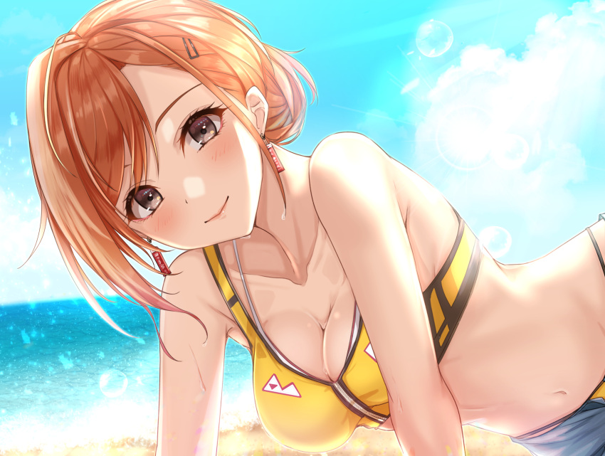 alternate_hairstyle arisugawa_natsuha bare_shoulders beach bikini black_trim blue_sky blurry blush breasts cleavage closed_mouth collarbone commentary day depth_of_field dot_nose earrings female folded_ponytail hair_ornament hairclip highres horizon idolmaster idolmaster_shiny_colors jewelry large_breasts long_hair looking_at_viewer navel ocean orange_hair outdoors sky smile solo sunlight swept_bangs swimsuit wet yellow_bikini yuzuyu_(hyui)