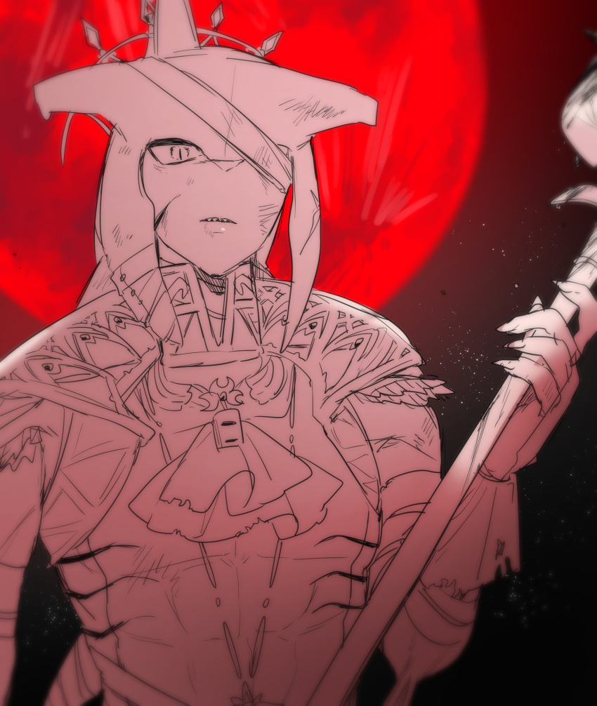 1boy armor bandage_over_one_eye highres holding holding_polearm holding_weapon looking_at_viewer male_focus moon night night_sky outdoors polearm red_moon sharp_teeth shoulder_plates sidon sky solo teeth the_legend_of_zelda the_legend_of_zelda:_breath_of_the_wild ttanuu. weapon zora