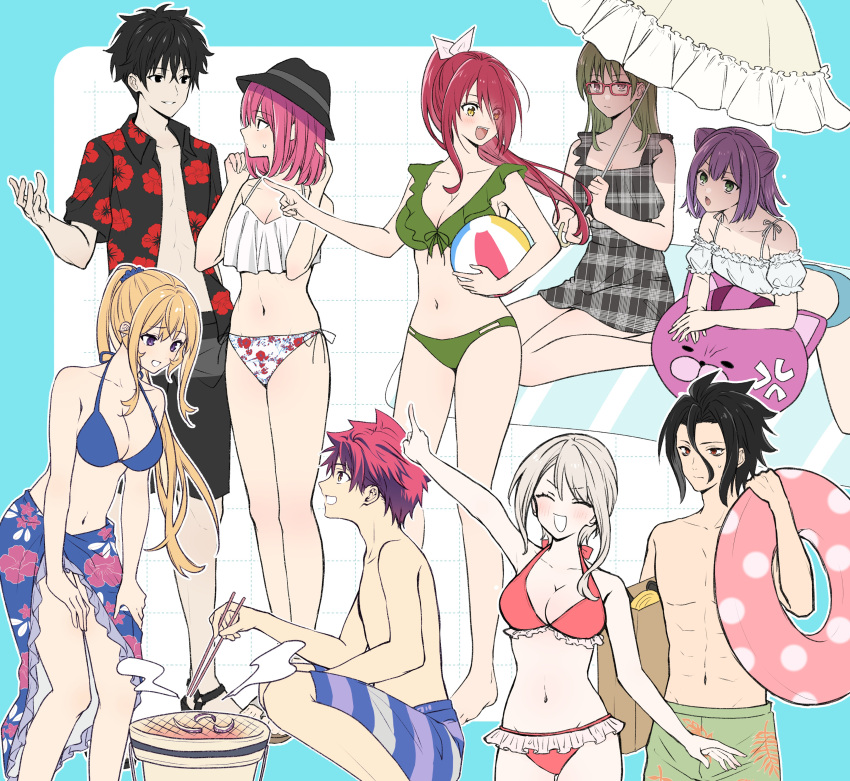 3boys 6+girls :d :o absurdres akanegakubo_momo alternate_costume alternate_hairstyle anger_vein animal_print arato_hisako arm_up bag bare_shoulders barefoot bikini black_hair black_hat black_male_swimwear black_shirt blonde_hair blue_bikini blue_scrunchie bow breasts brown_hair cat_print cleavage collarbone collared_shirt detached_sleeves double_bun dress eye_contact floral_print food frilled_bikini frills full_body glasses green_background green_bikini grey_dress grill grin hair_between_eyes hair_bun hair_ornament hair_scrunchie hairbow hands_up hat highres holding holding_swim_ring index_finger_raised kinokuni_nene kobayashi_rindou kurokiba_ryou large_breasts long_hair looking_at_another male_swimwear multiple_boys multiple_girls nakiri_alice nakiri_asahi nakiri_erina navel open_clothes open_shirt orange_male_swimwear plaid_clothes plaid_dress ponytail profile purple_eyes red_bikini red_bow red_eyes red_hair red_shirt sandals scrunchie shirt shokugeki_no_souma short_hair sitting smile squatting standing stomach striped_male_swimwear sweatdrop swim_ring swimsuit teeth toy-black umbrella white_background white_bikini yellow_background yukihira_souma