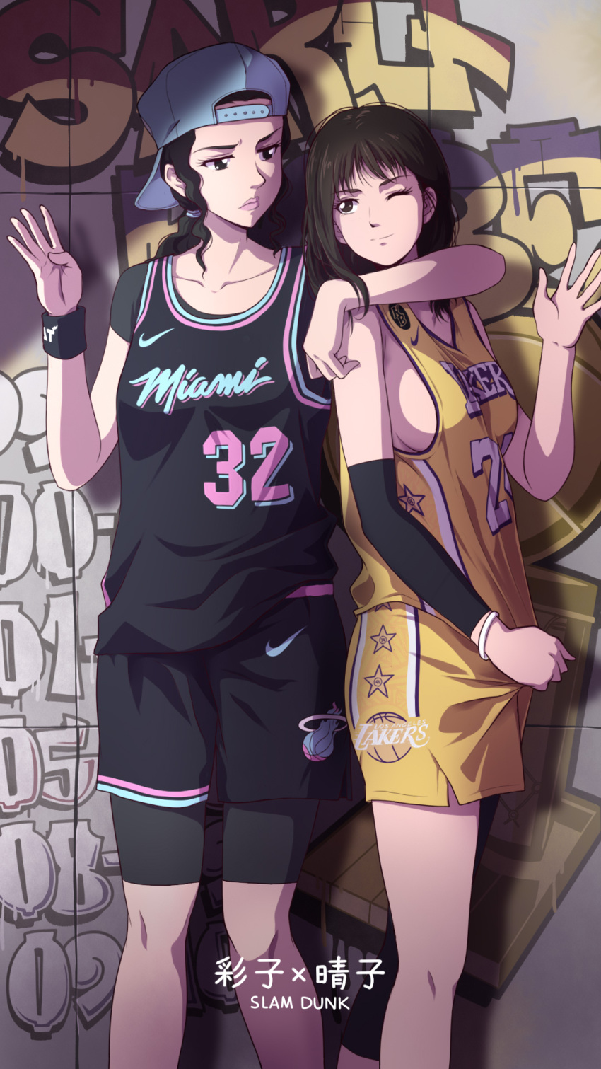 2girls akagi_haruko ayako_(slam_dunk) backwards_hat baseball_cap basketball_jersey basketball_uniform black_eyes black_hair bracelet breasts brown_eyes brown_hair character_name collarbone commentary_request cosplay curly_hair elbow_sleeve english_text graffiti hat highres jewelry kobe_bryant kobe_bryant_(cosplay) laofuzi_dai_bansho long_hair los_angeles_lakers medium_breasts miami_heat multiple_girls national_basketball_association no_bra one_eye_closed ponytail revision shaquille_o'neal shaquille_o'neal_(cosplay) short_sleeves shorts sideboob sidelocks slam_dunk_(series) sleeveless sportswear standing wristband