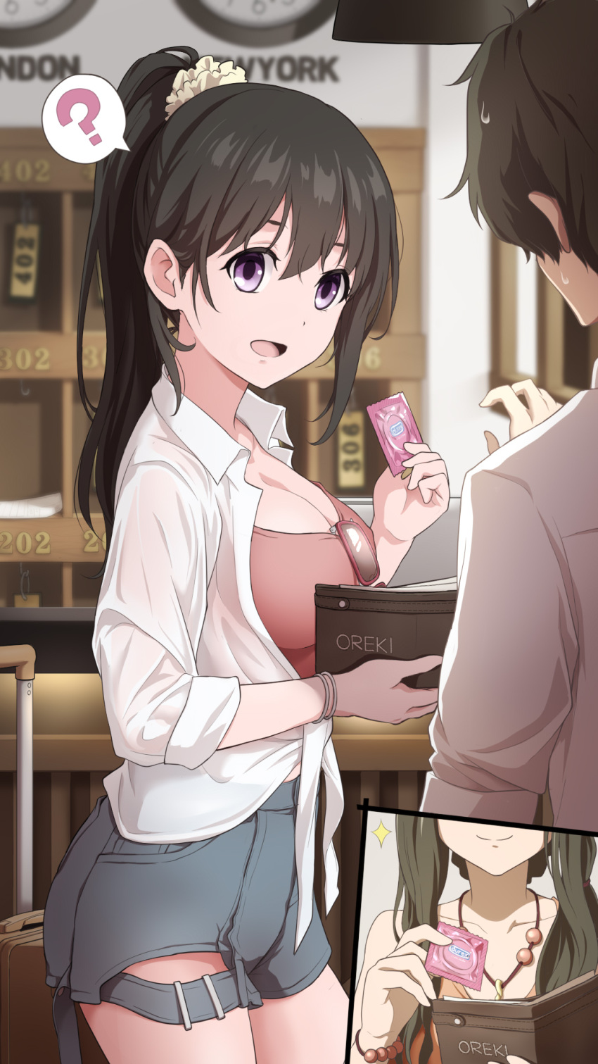 !? 1boy 2girls alternate_costume black_hair breasts brown_hair chitanda_eru cleavage closed_mouth collarbone collared_shirt commentary_request condom dress_shirt grey_shorts high_ponytail highres holding holding_condom hyouka jewelry laofuzi_dai_bansho long_hair medium_breasts multiple_girls necklace open_clothes open_mouth open_shirt oreki_houtarou oreki_tomoe pink_shirt purple_eyes revision shirt short_hair short_shorts shorts smile speech_bubble spoken_interrobang standing sweatdrop tied_shirt white_shirt wing_collar