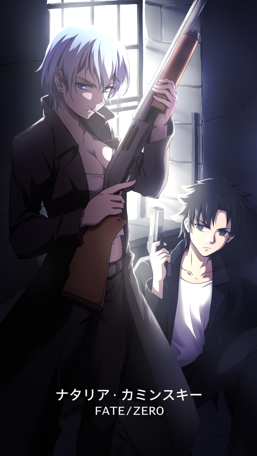 1boy black_coat black_eyes black_hair black_jacket black_pants blue_eyes breasts cleavage closed_mouth coat collarbone commentary_request crop_top emiya_kiritsugu fate/zero fate_(series) female gun hair_between_eyes highres holding holding_gun holding_weapon indoors jacket laofuzi_dai_bansho large_breasts medium_breasts midriff natalia_kaminski on_one_knee open_clothes open_coat open_jacket pants revision rifle shirt short_hair smile standing stomach weapon white_hair white_shirt