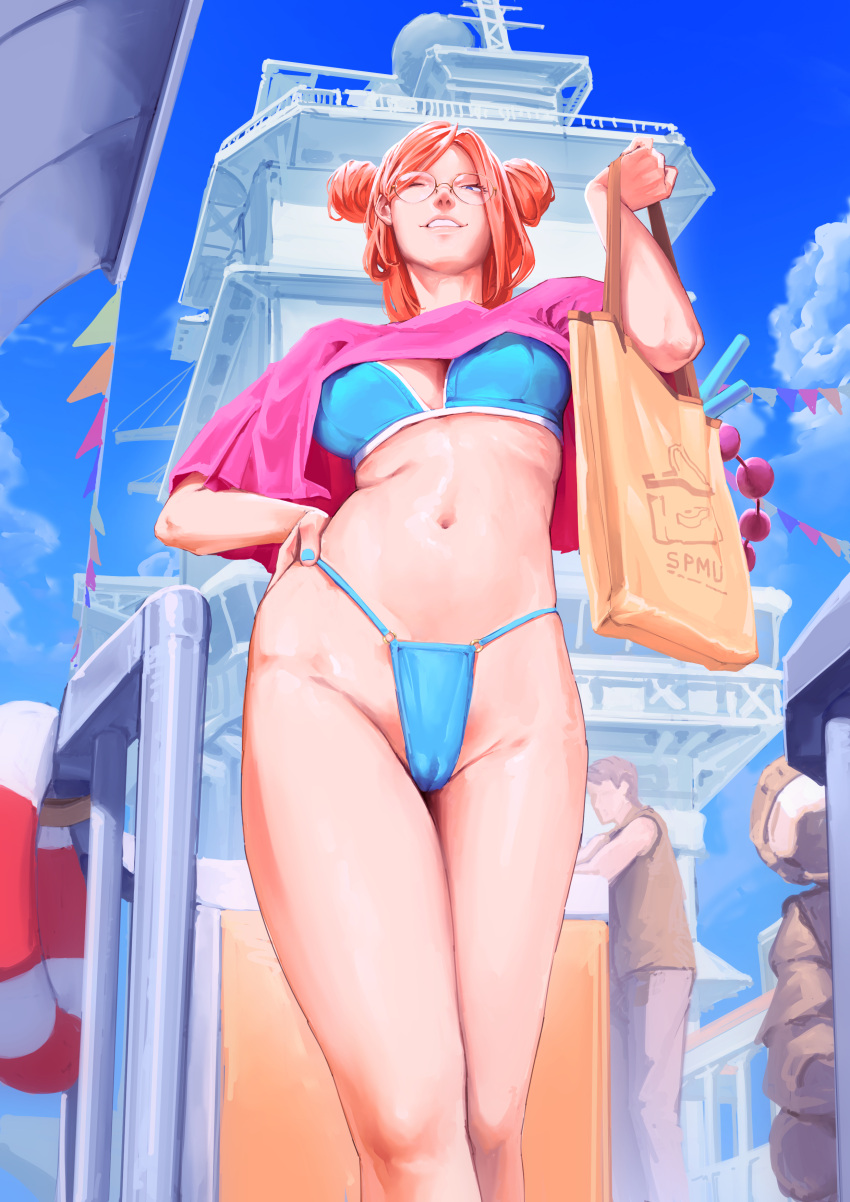 1boy absurdres bag bikini blue_bikini blue_nails breasts brown-framed_eyewear cloud day double_bun female grin hair_bun hand_on_own_hip highleg highleg_bikini highres holding holding_bag lifebuoy medium_breasts nail_polish navel one_eye_closed orange_hair original ship shrug_(clothing) smile solo_focus standing stomach swim_ring swimsuit watercraft zuoteng_lucha