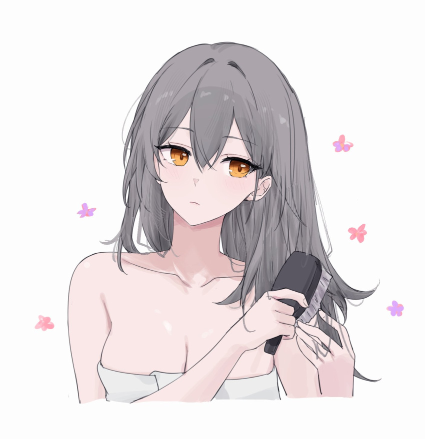 bare_shoulders breasts cleavage collarbone english_commentary feint721 female grey_hair hair_brush highres holding holding_hair_brush honkai:_star_rail honkai_(series) long_hair looking_at_viewer naked_towel orange_eyes solo stelle_(honkai:_star_rail) towel trailblazer_(honkai:_star_rail) upper_body