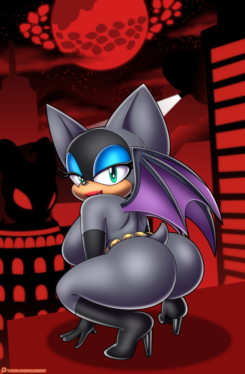 absurd_res anthro armwear ass bat big_breasts boots breasts catwoman clothing cosplay costume crouching dc_comics elbow_gloves female footwear gloves handwear hi_res high_heeled_boots high_heels looking_at_viewer looking_back mammal omegasunburst rouge_the_bat sega shoes solo sonic_the_hedgehog_(series) thick_thighs wings