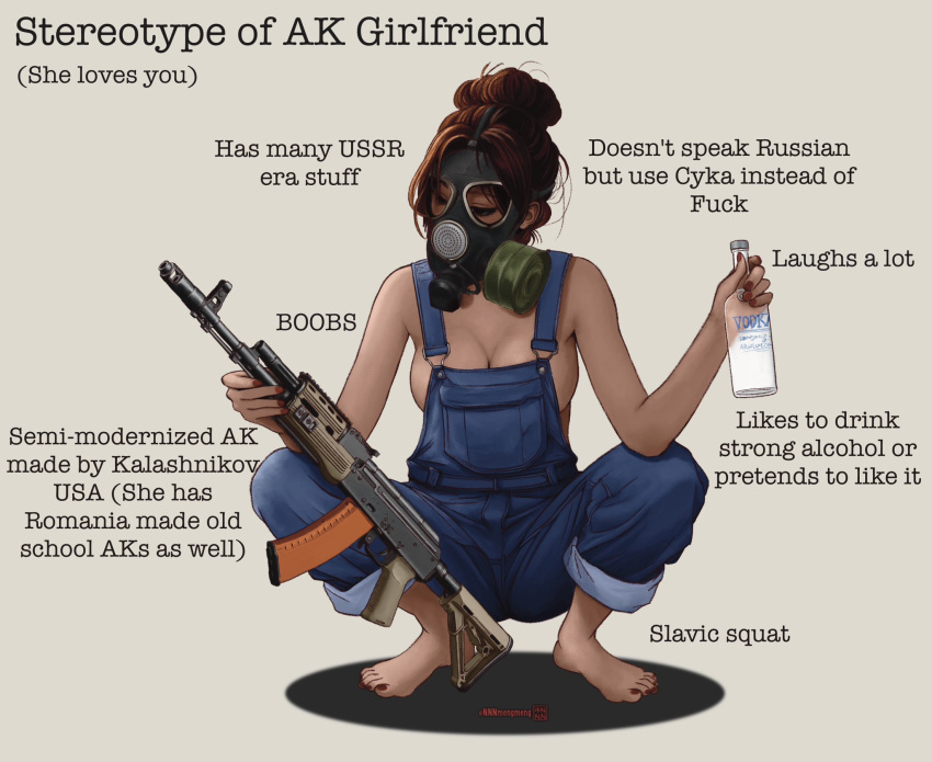 alcohol barefoot breasts brown_hair cleavage english_text female gas_mask hair_bun highres jumpsuit kalashnikov_rifle large_breasts mask nnnmengmeng original sideboob signature slav_squatting solo squatting vodka