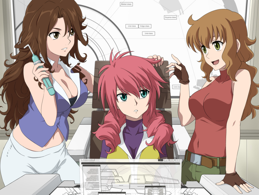 3girls belt black_gloves blue_eyes blue_vest bodysuit breasts brown_hair chair christina_sierra cleavage collared_vest commentary_request covered_navel feldt_grace fingerless_gloves gloves green_eyes green_pants gundam gundam_00 hair_between_eyes highres holographic_interface laofuzi_dai_bansho large_breasts long_hair looking_at_another low_twintails medium_breasts midriff multiple_girls navel open_mouth pants parted_lips pink_hair purple_bodysuit red_shirt redrawn science_fiction shirt sitting sleeveless sleeveless_shirt smile standing sumeragi_lee_noriega twintails very_long_hair vest white_pants yellow_vest