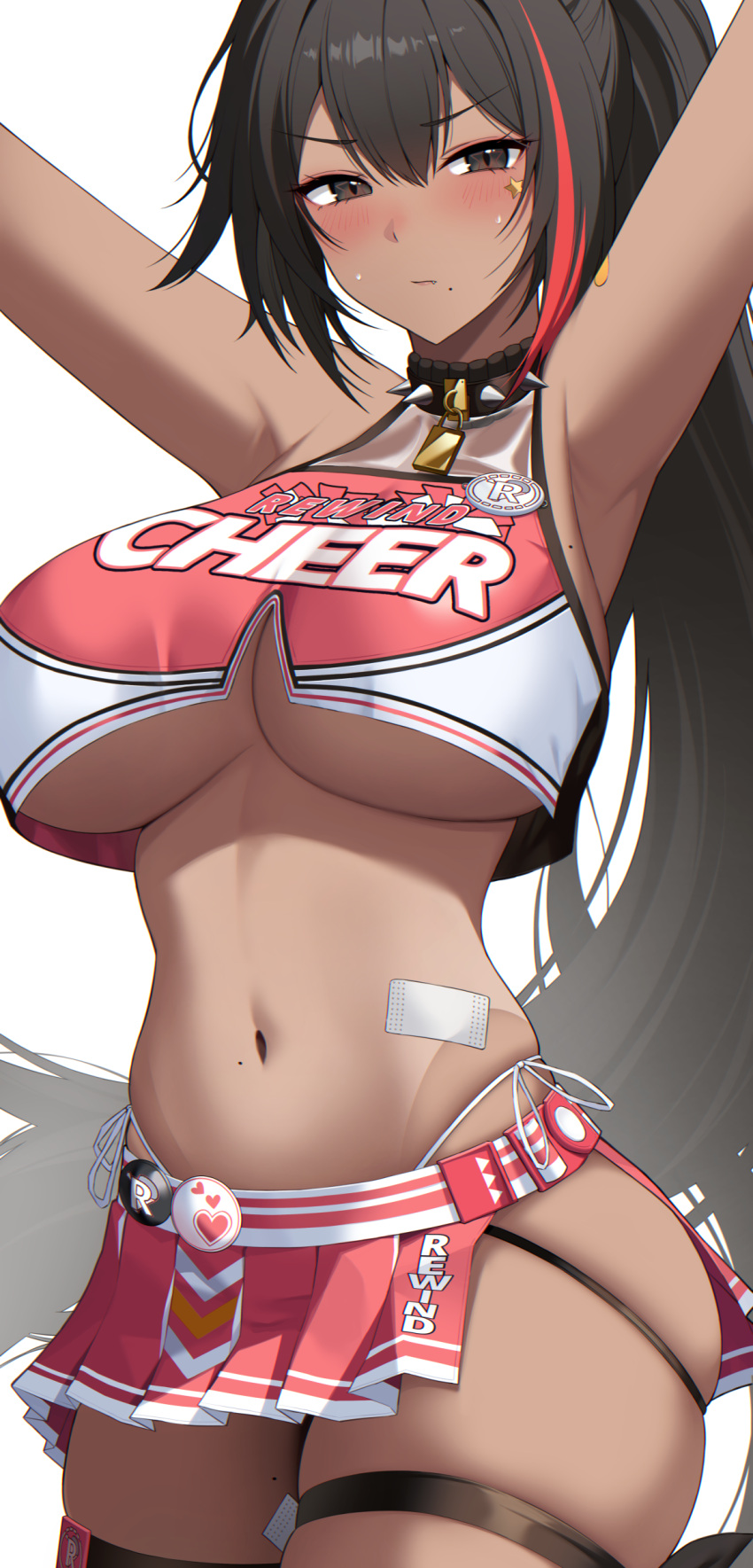 absurdres armpits arms_up bandaid bandaid_on_arm bandaid_on_stomach bandaid_on_thigh bare_shoulders bay_(nikke) black_hair blush breasts brown_eyes cheerleader closed_mouth clothes_writing clothing_cutout collar commentary cowboy_shot crop_top cropped_shirt dark-skinned_female dark_skin female goddess_of_victory:_nikke hair_between_eyes highres large_breasts lock long_hair looking_at_viewer mole mole_on_breast mole_on_stomach mole_on_thigh mole_under_mouth multicolored_hair navel padlock padlocked_collar panties pleated_skirt ponytail red_shirt red_skirt revision shirt side-tie_panties side_cutout sidelocks simple_background skindentation skirt sleeveless sleeveless_shirt solo spiked_collar spikes standing star_(symbol) star_in_eye star_sticker sticker_on_face stomach streaked_hair sweat symbol_in_eye thigh_strap two-tone_hair two-tone_skirt underboob underwear white_background white_panties ziroqon