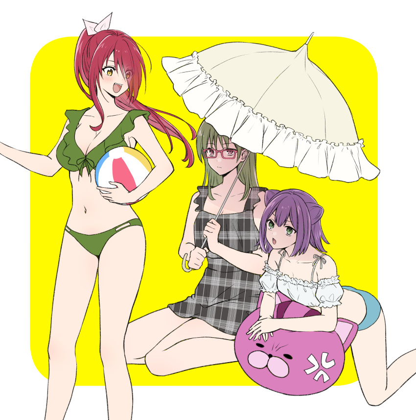 3girls :d :o absurdres akanegakubo_momo anger_vein animal_print bare_shoulders bikini brown_hair cat_print detached_sleeves double_bun dress glasses green_bikini grey_dress hair_bun highres holding kinokuni_nene kobayashi_rindou long_hair multiple_girls navel plaid_clothes plaid_dress ponytail red_hair shokugeki_no_souma sitting smile stomach swimsuit toy-black umbrella white_background yellow_background