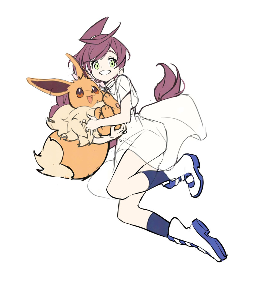 brown_eyes chloe_(pokemon) dress eevee female highres holding holding_pokemon legs long_hair looking_at_viewer open_mouth pkgllllllv pokemon pokemon_(anime) pokemon_(creature) pokemon_journeys purple_hair see-through_clothes shoes smile