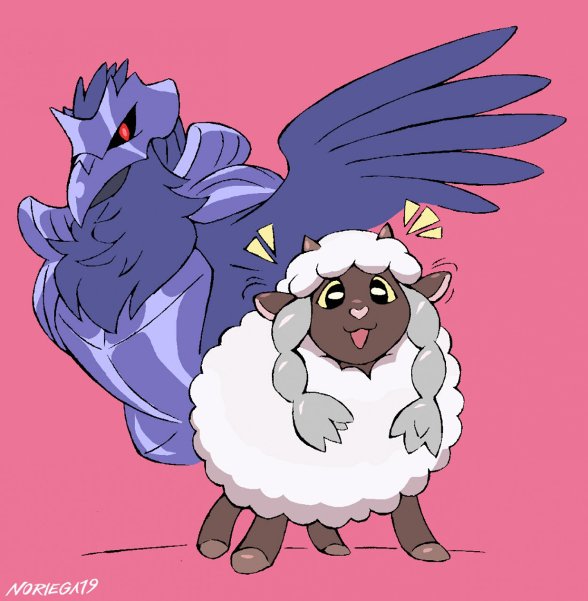 2019 2_horns ambiguous_gender armor avian biped bird blue_body blue_feathers bovid brown_body caprine corviknight digital_drawing_(artwork) digital_media_(artwork) duo ear_twitch emanata feathers feral full-length_portrait fur generation_8_pokemon hi_res horn looking_at_viewer mammal nintendo noriega open_mouth open_smile pink_background pink_nose pokemon pokemon_(species) portrait quadruped raised_wings signature simple_background smile standing white_body white_fur white_wool wings wool_(fur) wooloo