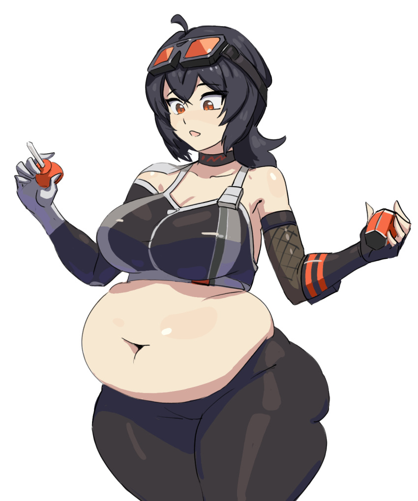 1female 1females 1girls bbw belly belly_button black_hair black_hair_female breasts chubby chubby_female exposed_fat_belly fat fat_female fat_girl fat_woman female female female_focus female_only goggles goggles_on_forehead grace_howard hoyoverse light-skinned_female light_skin looking_at_belly mihoyo mihoyo_technology_(shanghai)_co._ltd. orange_eyes orange_eyes_female solo solo_female solo_focus standing thick_legs thick_thighs white_background zenless_zone_zero